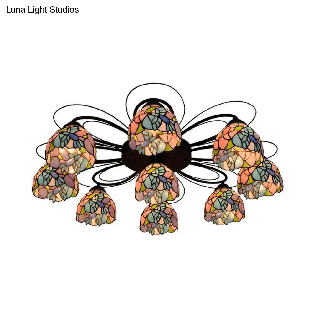 Tiffany Stained Glass Bowl Ceiling Light Fixture - Red/Orange/Green Semi Flush Mount 3/7/9 Heads 9