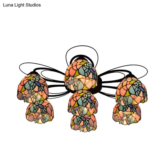 Tiffany Stained Glass Bowl Ceiling Light Fixture - Red/Orange/Green Semi Flush Mount 3/7/9 Heads 7