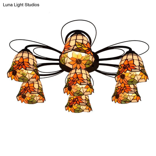 Tiffany Stained Glass Bowl Ceiling Light Fixture - Red/Orange/Green Semi Flush Mount 3/7/9 Heads 7 /