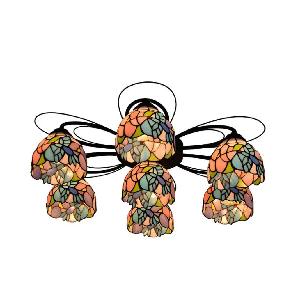 Tiffany Stained Glass Bowl Ceiling Light Fixture - Red/Orange/Green Semi Flush Mount 3/7/9 Heads 7