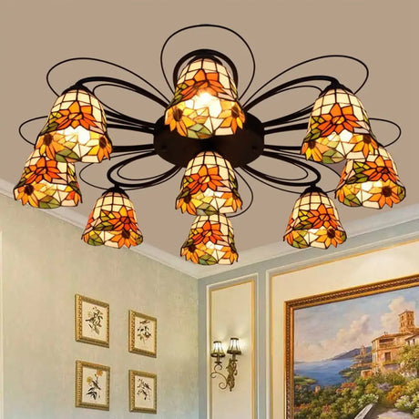 Tiffany Stained Glass Bowl Ceiling Light Fixture - Red/Orange/Green Semi Flush Mount 3/7/9 Heads 9