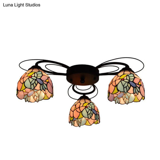 Tiffany Stained Glass Bowl Ceiling Light Fixture - Red/Orange/Green Semi Flush Mount 3/7/9 Heads 3 /