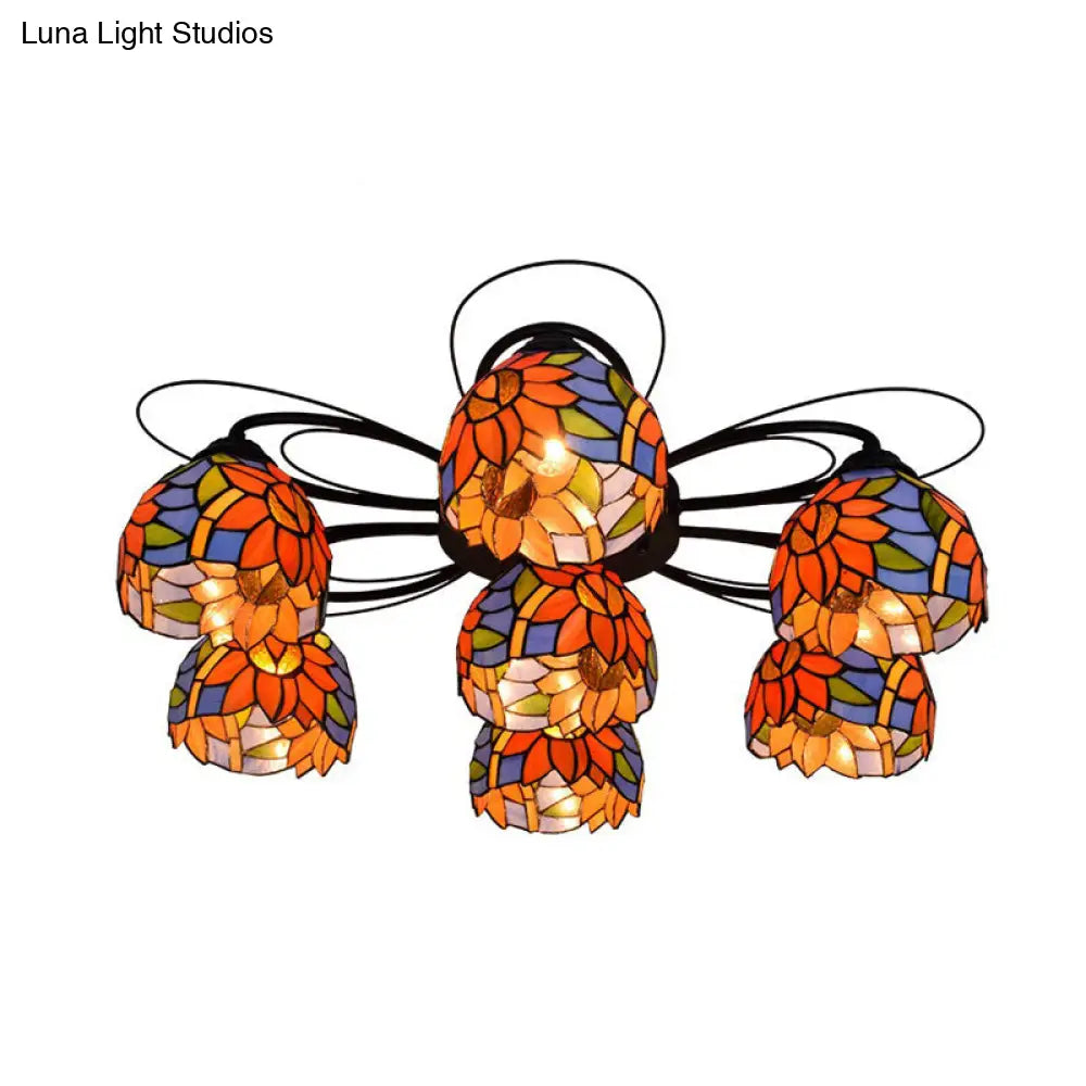 Tiffany Stained Glass Bowl Ceiling Light Fixture - Red/Orange/Green Semi Flush Mount 3/7/9 Heads 7 /