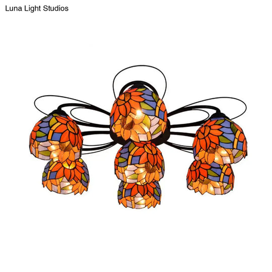 Tiffany Stained Glass Bowl Ceiling Light Fixture - Red/Orange/Green Semi Flush Mount 3/7/9 Heads 7 /