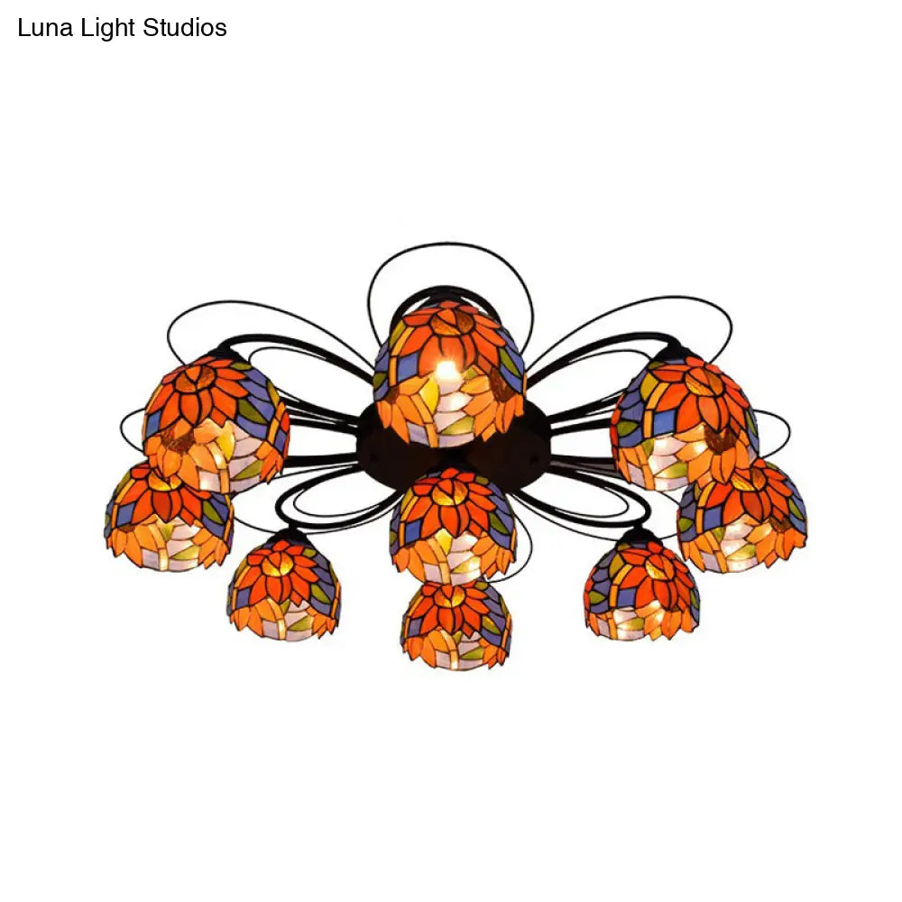 Tiffany Stained Glass Bowl Ceiling Light Fixture - Red/Orange/Green Semi Flush Mount 3/7/9 Heads 9 /
