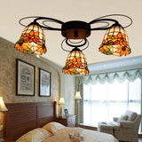 Tiffany Stained Glass Bowl Ceiling Light Fixture - Red/Orange/Green Semi Flush Mount 3/7/9 Heads 3