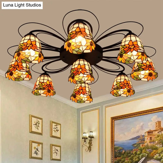 Tiffany Stained Glass Bowl Ceiling Light Fixture - Red/Orange/Green Semi Flush Mount 3/7/9 Heads 9 /