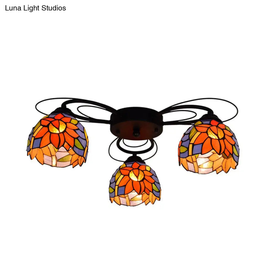 Tiffany Stained Glass Bowl Ceiling Light Fixture - Red/Orange/Green Semi Flush Mount 3/7/9 Heads 3 /
