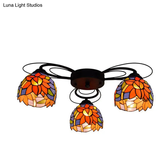 Tiffany Stained Glass Bowl Ceiling Light Fixture - Red/Orange/Green Semi Flush Mount 3/7/9 Heads 3 /