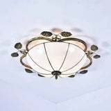 Tiffany Stained Glass Bowl Flushmount Light - 3 Bulb Ceiling Fixture With Leaf Decoration