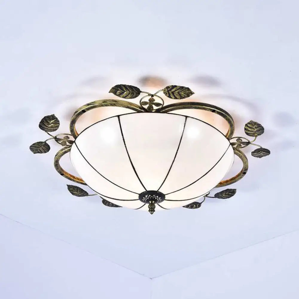 Tiffany Stained Glass Bowl Flushmount Light - 3 Bulb Ceiling Fixture With Leaf Decoration