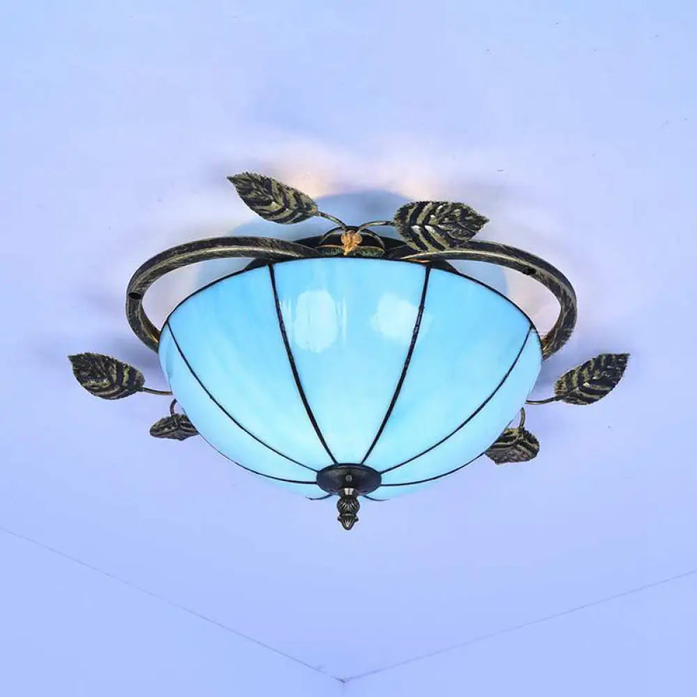 Tiffany Stained Glass Bowl Flushmount Light - 3 Bulb Ceiling Fixture With Leaf Decoration