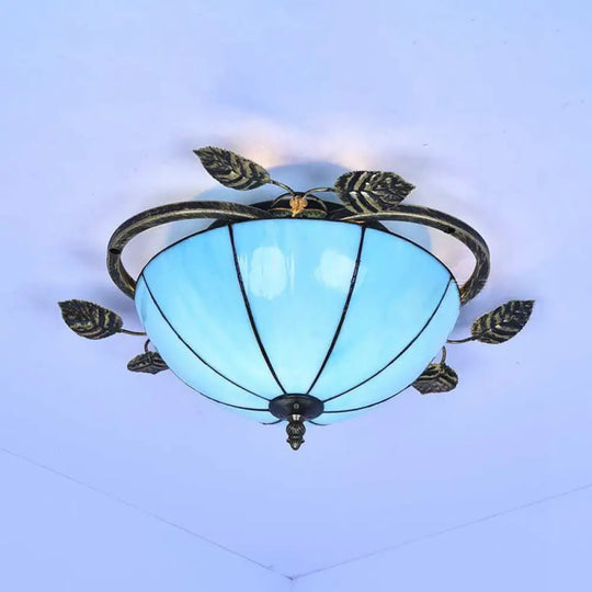 Tiffany Stained Glass Bowl Flushmount Light - 3 Bulb Ceiling Fixture With Leaf Decoration