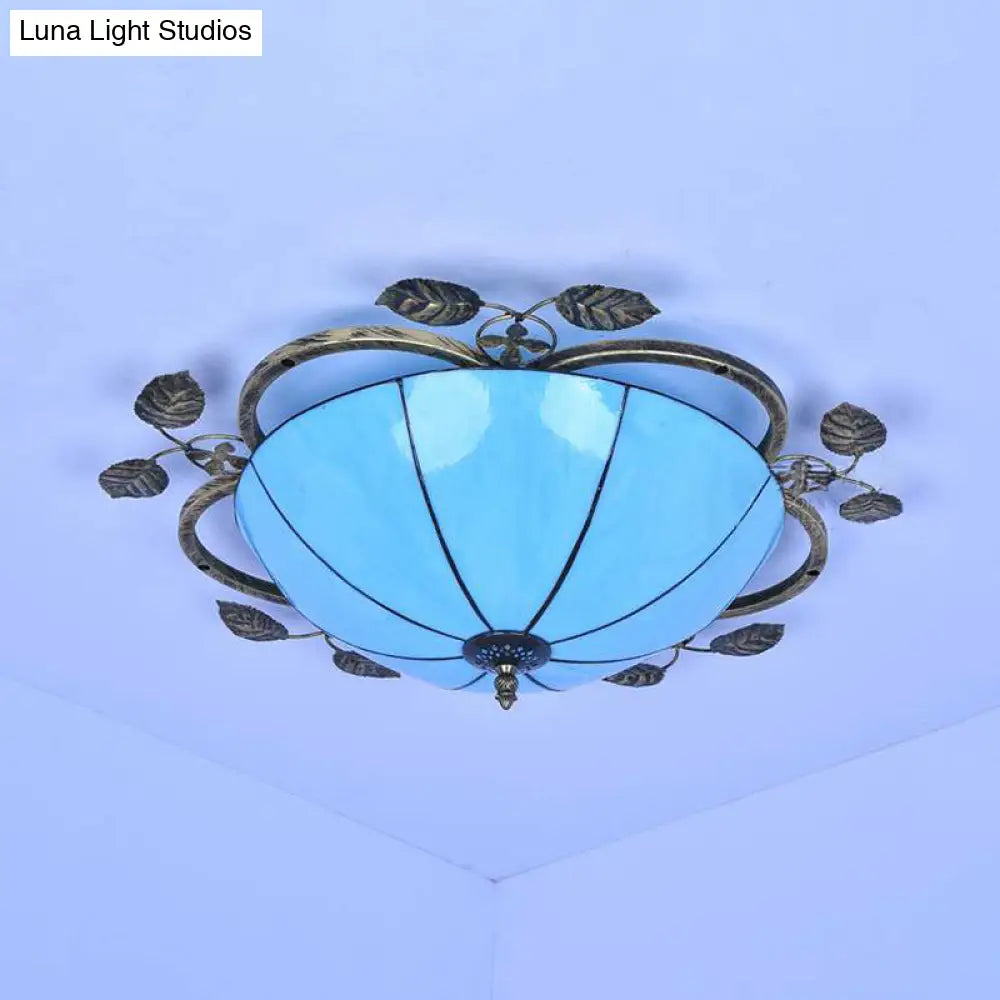 Tiffany Stained Glass Bowl Flushmount Light - 3 Bulb Ceiling Fixture With Leaf Decoration