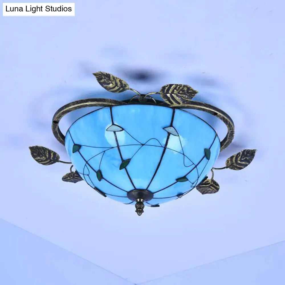 Tiffany Stained Glass Bowl Flushmount Light - 3 Bulb Ceiling Fixture With Leaf Decoration