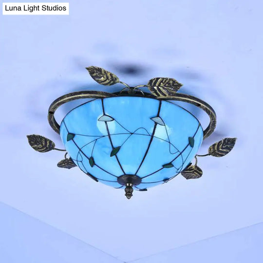 Tiffany Stained Glass Bowl Flushmount Light - 3 Bulb Ceiling Fixture With Leaf Decoration