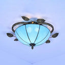 Tiffany Stained Glass Bowl Flushmount Light - 3 Bulb Ceiling Fixture With Leaf Decoration