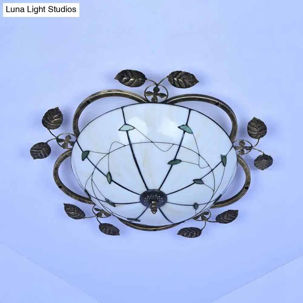 Tiffany Stained Glass Bowl Flushmount Light - 3 Bulb Ceiling Fixture With Leaf Decoration