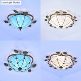 Tiffany Stained Glass Bowl Flushmount Light - 3 Bulb Ceiling Fixture With Leaf Decoration