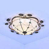 Tiffany Stained Glass Bowl Flushmount Light - 3 Bulb Ceiling Fixture With Leaf Decoration