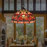 Tiffany Stained Glass Bowl Shade Hanging Light With Red Finish For Dining Room