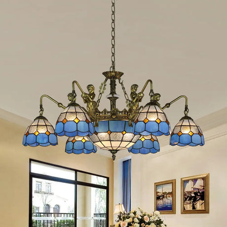 Tiffany Stained Glass Ceiling Chandelier With 9 Lights In Antique Brass/White Grid Pattern Brass