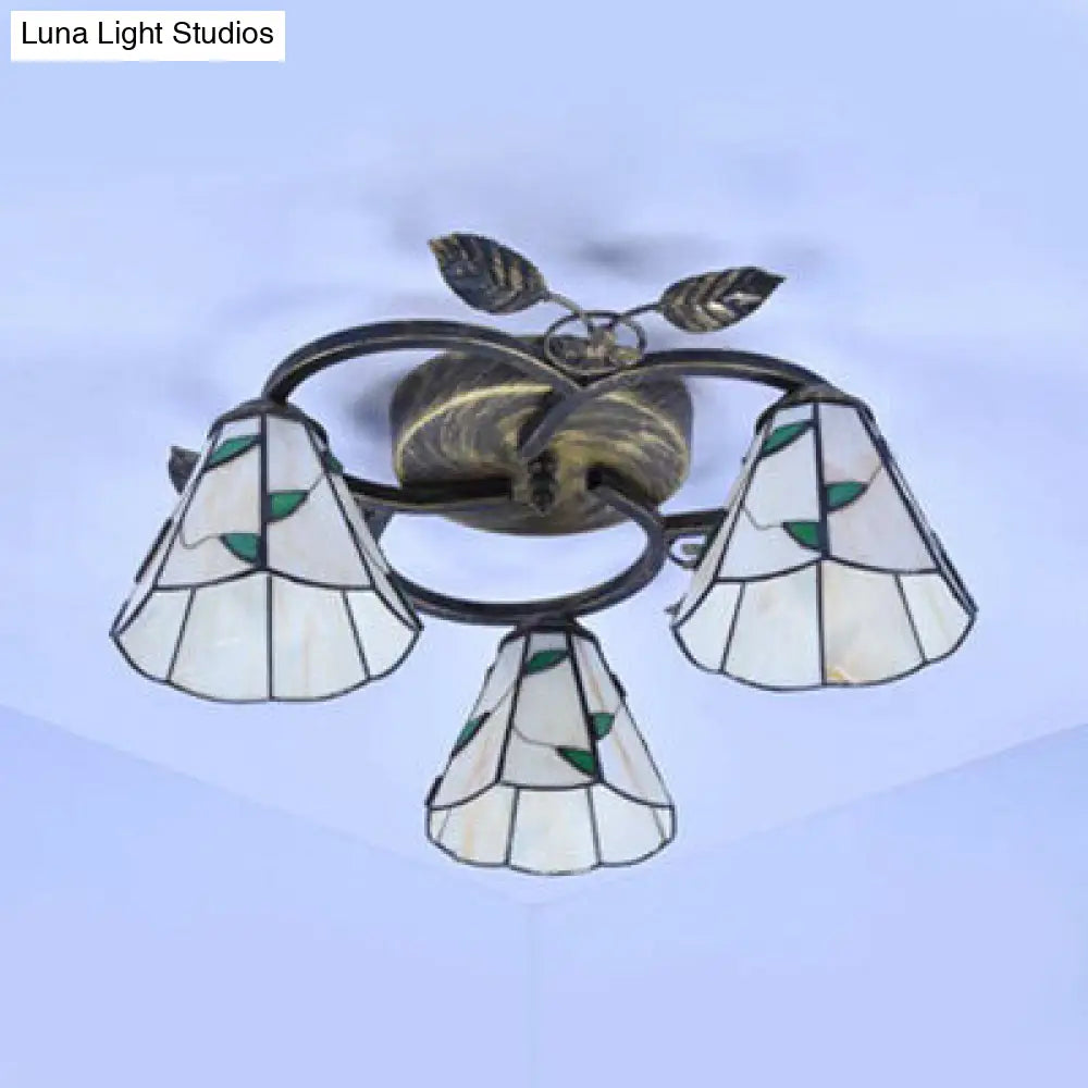Tiffany Stained Glass Ceiling Light Fixture: Conic Shape Beige/Blue With Leaf Decoration - 3 Lights