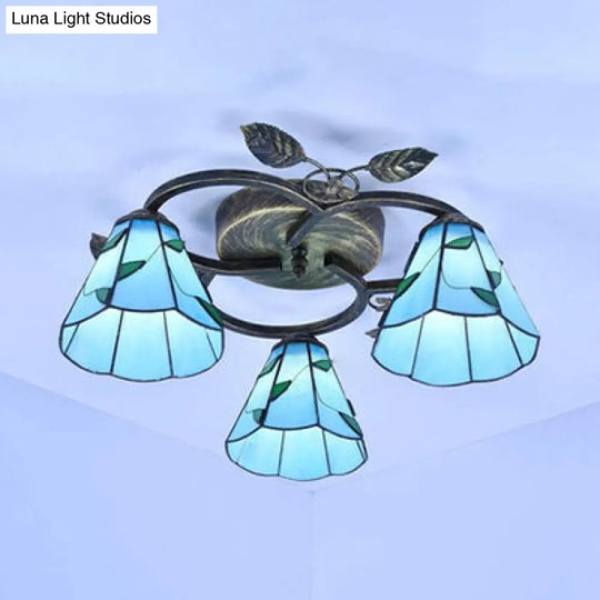 Tiffany Stained Glass Ceiling Light Fixture: Conic Shape Beige/Blue With Leaf Decoration - 3 Lights