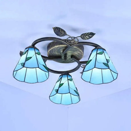 Tiffany Stained Glass Ceiling Light Fixture: Conic Shape Beige/Blue With Leaf Decoration - 3 Lights