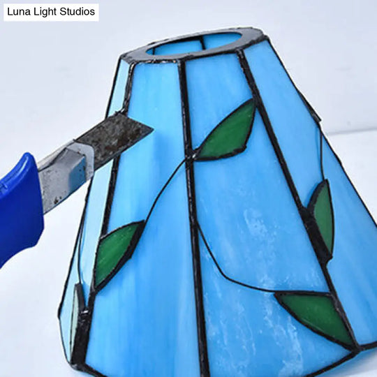 Tiffany Stained Glass Ceiling Light Fixture: Conic Shape Beige/Blue With Leaf Decoration - 3 Lights