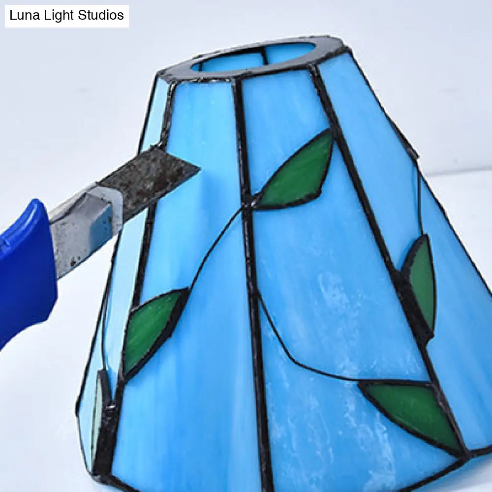 Tiffany Stained Glass Ceiling Light Fixture: Conic Shape Beige/Blue With Leaf Decoration - 3 Lights