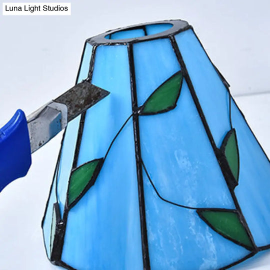 Tiffany Stained Glass Ceiling Light Fixture: Conic Shape Beige/Blue With Leaf Decoration - 3 Lights
