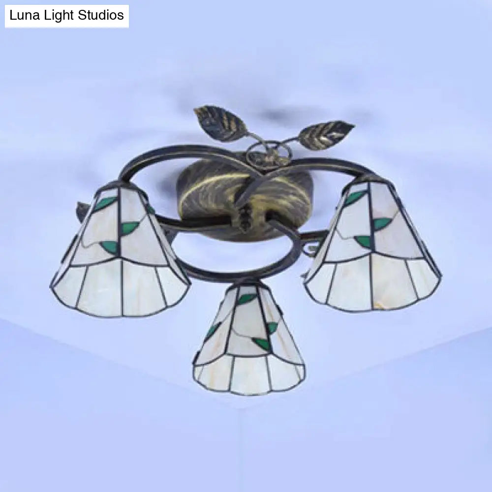 Tiffany Stained Glass Ceiling Light Fixture: Conic Shape Beige/Blue With Leaf Decoration - 3 Lights
