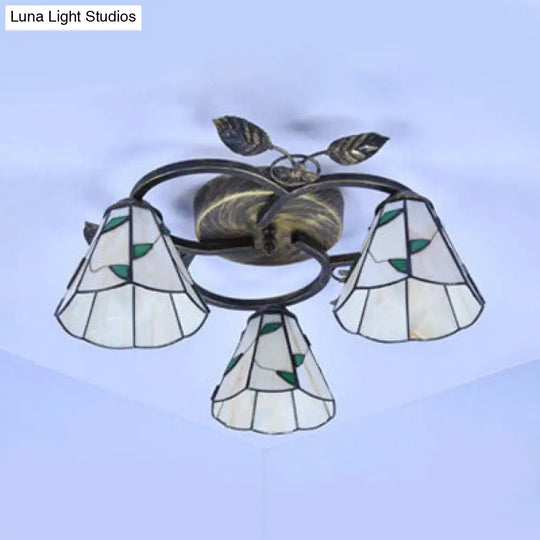Tiffany Stained Glass Ceiling Light Fixture: Conic Shape Beige/Blue With Leaf Decoration - 3 Lights