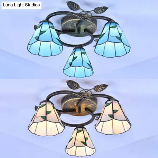 Tiffany Stained Glass Ceiling Light Fixture: Conic Shape Beige/Blue With Leaf Decoration - 3 Lights