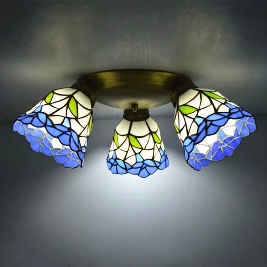 Tiffany Stained Glass Ceiling Light Fixture - Small Flush Mount For Hallway With 3 Heads Blue