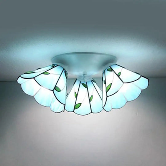 Tiffany Stained Glass Ceiling Light Fixture - Small Flush Mount For Hallway With 3 Heads Blue-White