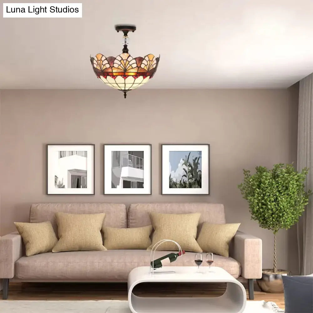 Tiffany Stained Glass Ceiling Light For Bedroom - Semi Flush Mount With Crystal Ball Decoration