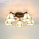Tiffany Stained Glass Ceiling Light With 5 Scalloped Heads In Antique Bronze - Perfect For Bedroom