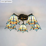 Tiffany Stained Glass Ceiling Light With 5 Scalloped Heads In Antique Bronze - Perfect For Bedroom