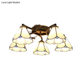 Tiffany Stained Glass Ceiling Light With 5 Scalloped Heads In Antique Bronze - Perfect For Bedroom