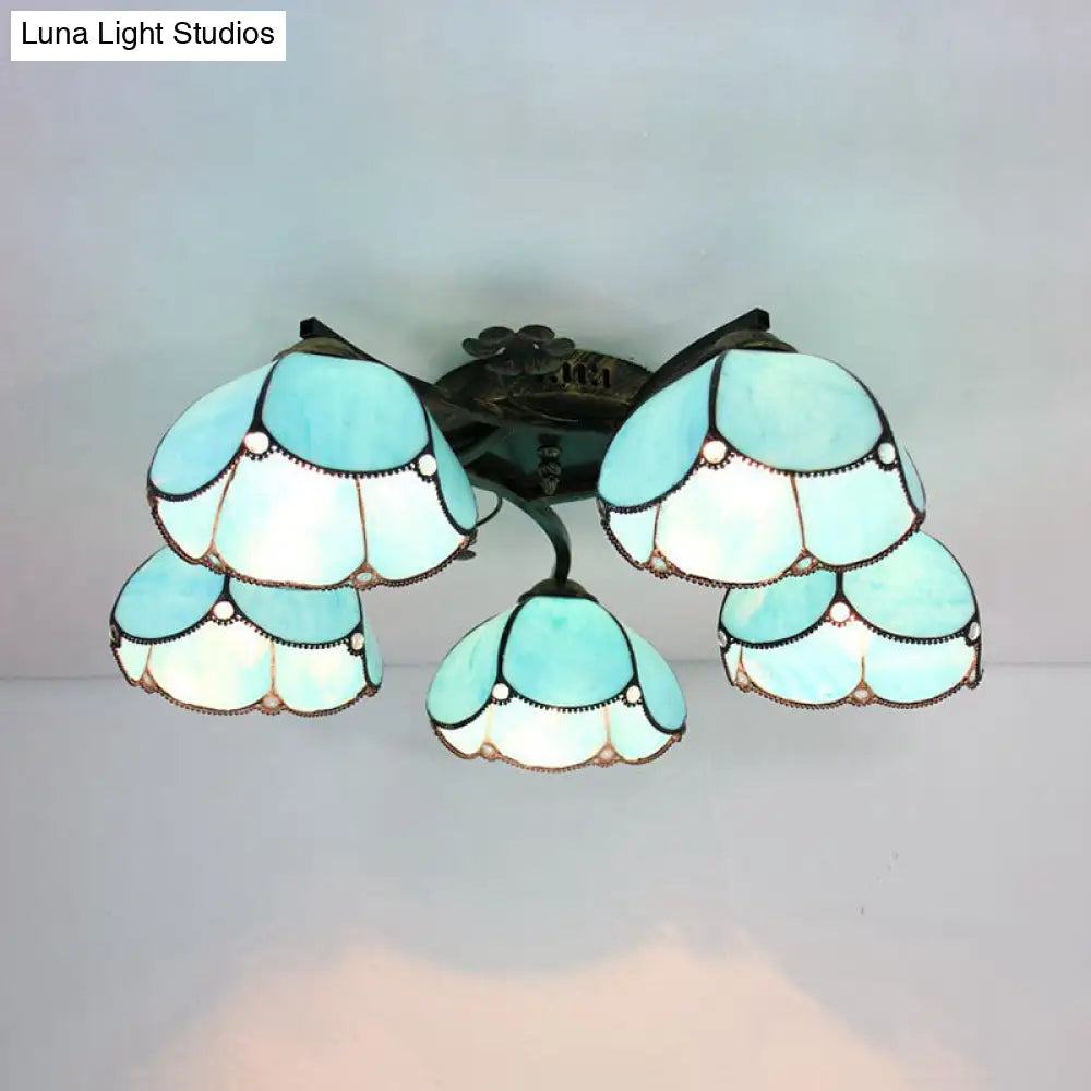 Tiffany Stained Glass Ceiling Light With 5 Scalloped Heads In Antique Bronze - Perfect For Bedroom /
