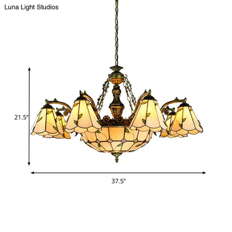Tiffany Stained Glass Chandelier - 9/11 Lights Beige With Leaf Pattern