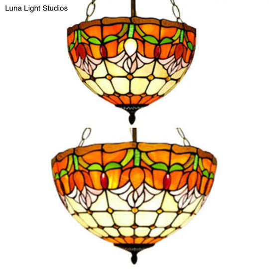 Rustic Stained Glass Chandelier - Orange Bowl Pendant Light (12/16 Width) For Foyer
