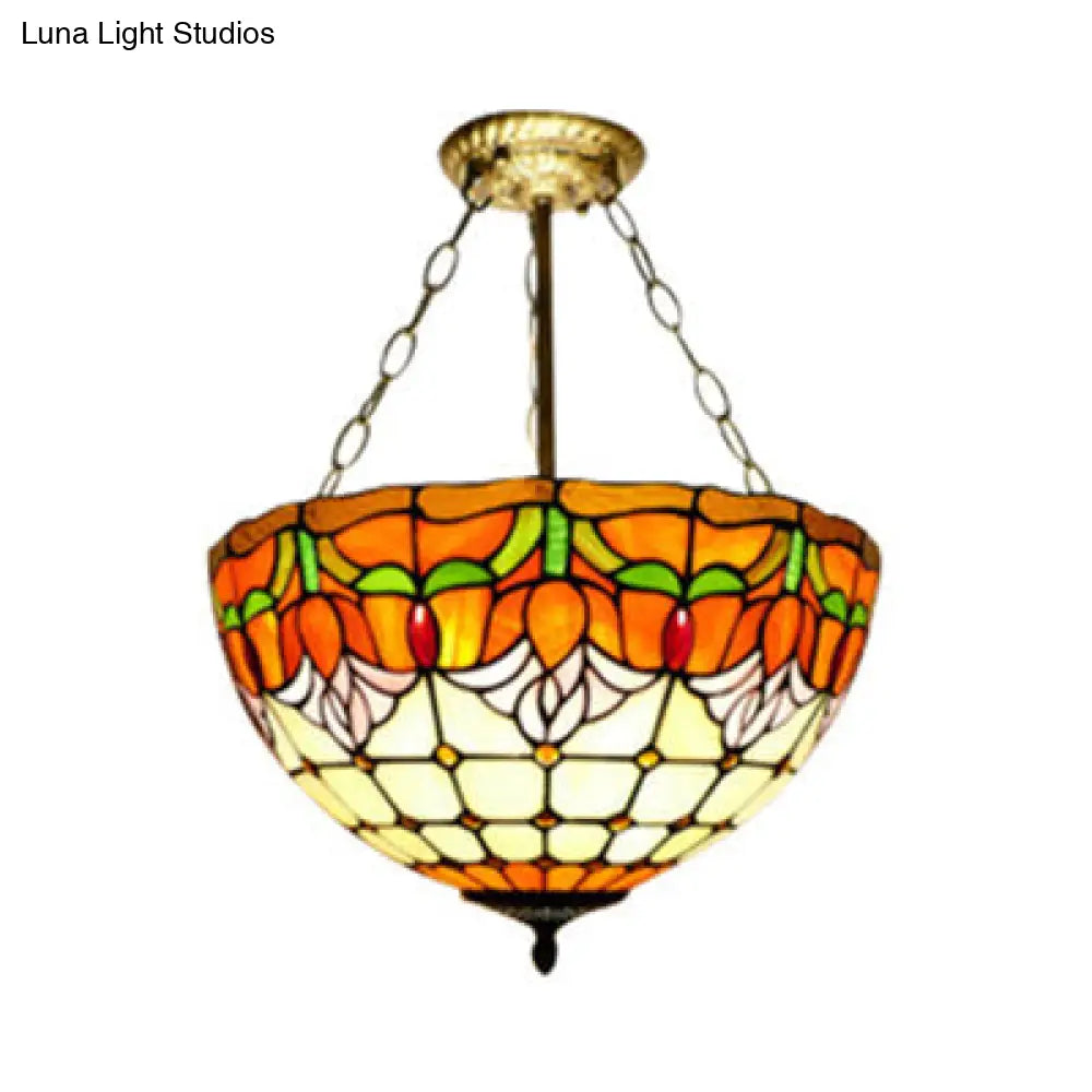 Rustic Stained Glass Chandelier - Orange Bowl Pendant Light (12/16 Width) For Foyer / 16