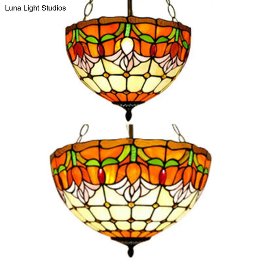 Tiffany Stained Glass Chandelier - Orange Bowl Pendant Light 12’/16’ Width Ideal For Foyer