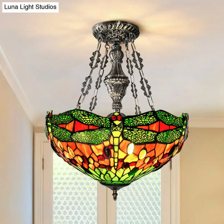 Tiffany Stained Glass Chandelier With Dragonfly Pattern And Gem-Like Cabochons In Green