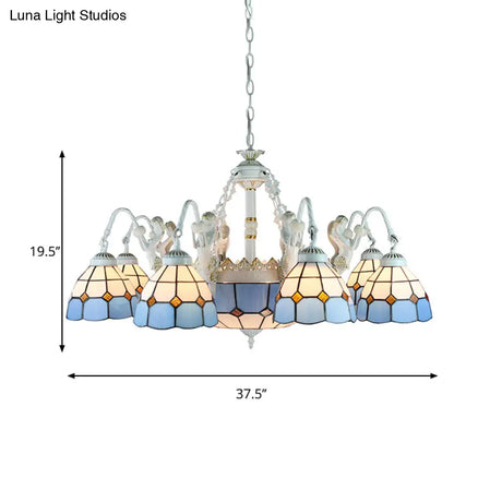 Tiffany Stained Glass Chandelier With Mediterranean Gem And Flower Design - 11-Light White Pendant