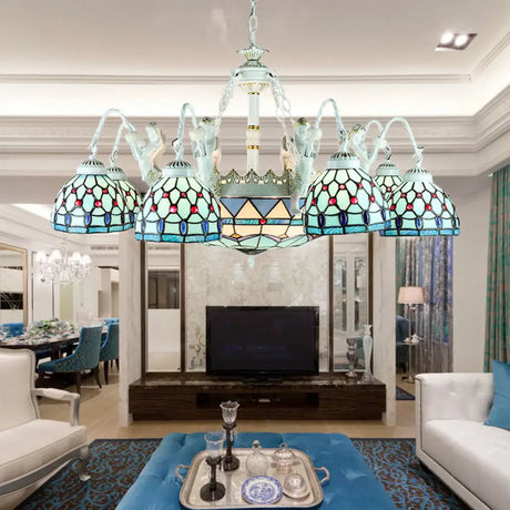 Tiffany Stained Glass Chandelier With Mediterranean Gem And Flower Design - 11-Light White Pendant