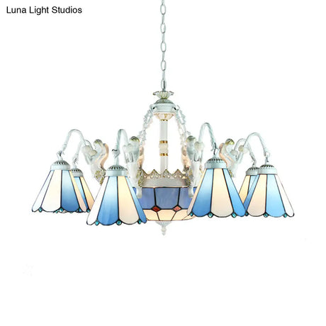Tiffany Stained Glass Chandelier With Mediterranean Gem And Flower Design - 11-Light White Pendant